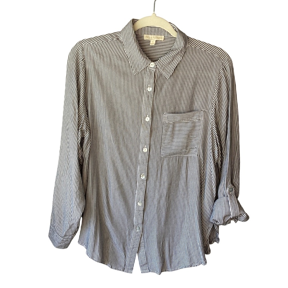 Fig + Flower Womens  Black White Striped Roll Tab Button‎ Down Shirt Medium